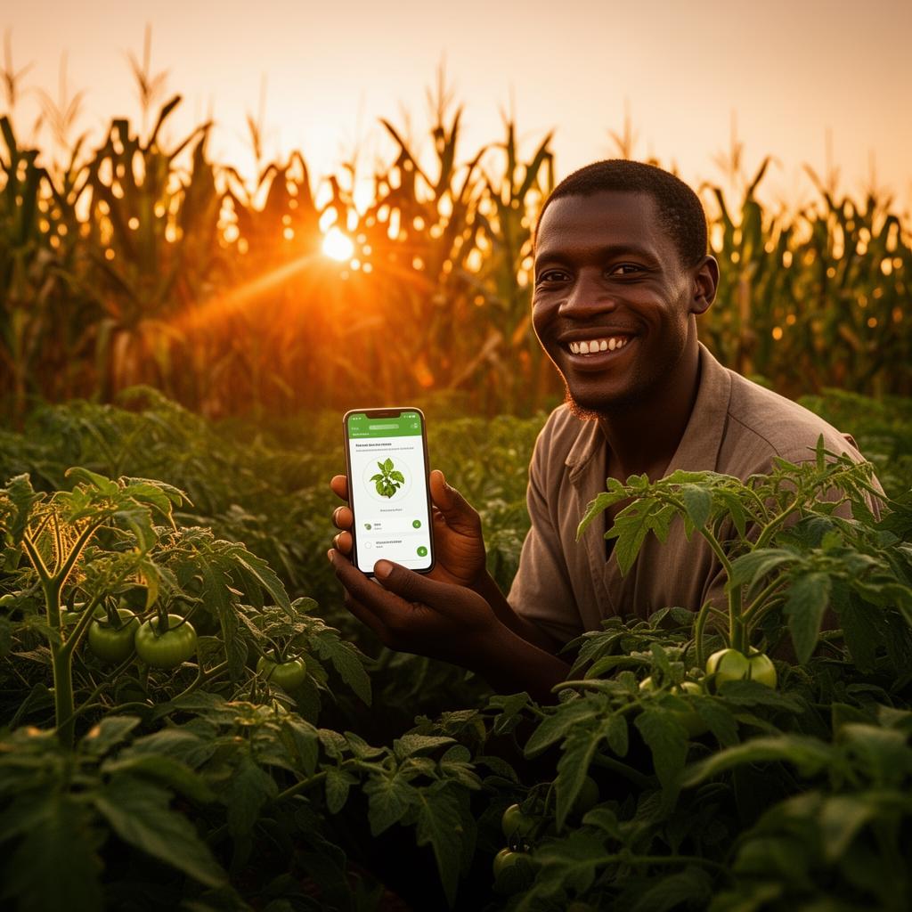 A smiling smallholder farmer holding a smartphone running KilimoHD in a tomato and maize field at golden hour
