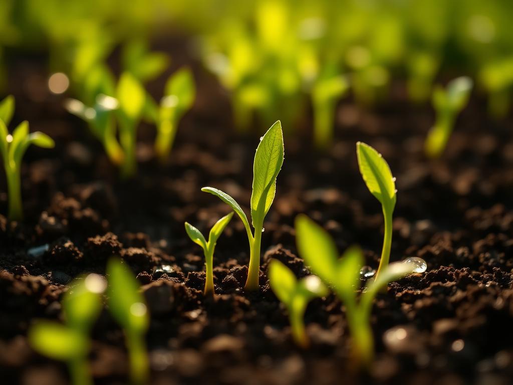 Close-up of green seedlings sprouting from rich soil
